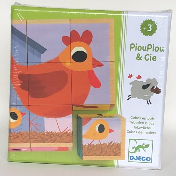 Brand New Sealed Djeco Wooden Cube Puzzle 'PiouPiou & Co" (9 cubes)  Animals - Picture 1 of 14